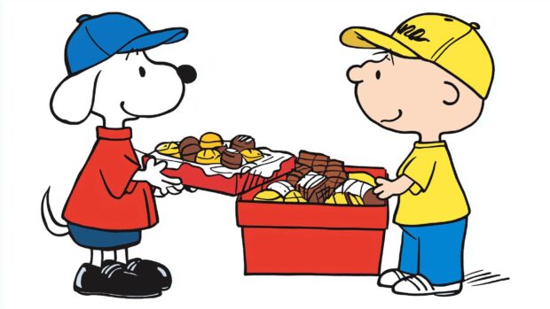 A playful depiction of Snoopy and Charlie Brown sharing a box of chocolates, with Snoopy mischievously eyeing the treats while Charlie Brown looks on with a smile.