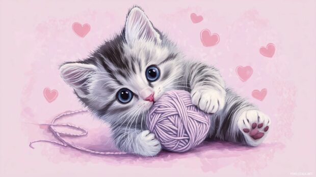 A playful kitten playing with a ball of yarn, its little paws tangled up, with cute heart patterns in the background.