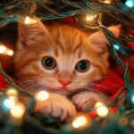 A playful kitten tangled in Christmas lights.