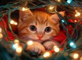 A playful kitten tangled in Christmas lights.