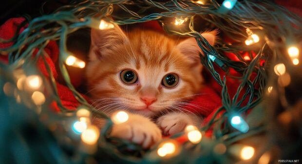 A playful kitten tangled in Christmas lights.