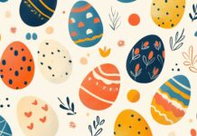 A playful pattern of Easter eggs Computer Wallpaper with various designs and colors on a light background, seamless and vibrant.