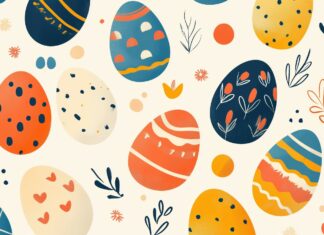 A playful pattern of Easter eggs Computer Wallpaper with various designs and colors on a light background, seamless and vibrant.