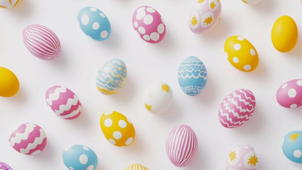 A playful pattern of Easter eggs with various designs and colors on a light background, seamless and vibrant.