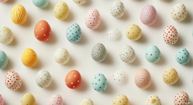 A playful pattern of Easter eggs with various designs and colors on a light background, seamless and vibrant.