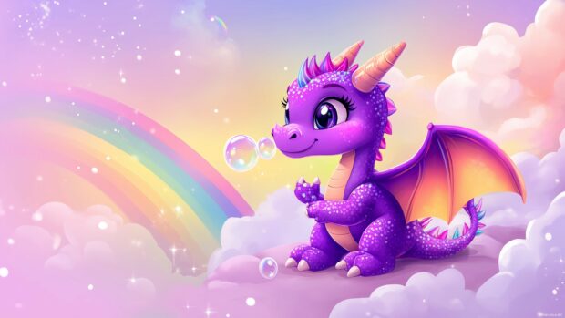 A playful purple dragon background with sparkly wings, blowing cute little bubbles in a pastel colored sky, with a rainbow in the background.