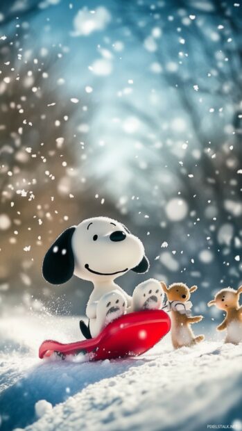 A playful scene of Snoopy sliding down a snowy hill on a sled, with Woodstock cheering him on and snow flying everywhere, capturing the fun and excitement of winter.