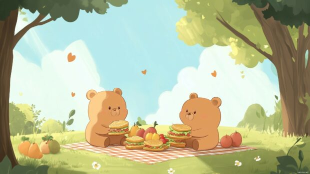 A playful scene of chibi bears having a picnic in a sunny park, with cute sandwiches, fruits, and a checkered blanket.