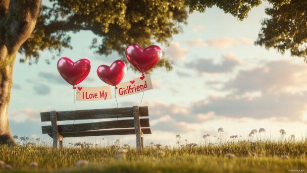 A playful scene of heart shaped balloons tied to a park bench with the words I Love My Girlfriend written on a small banner.