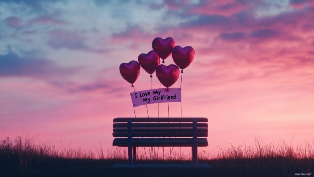 A playful scene of heart shaped balloons tied to a park bench with the words I Love My Girlfriend written on a small banner.