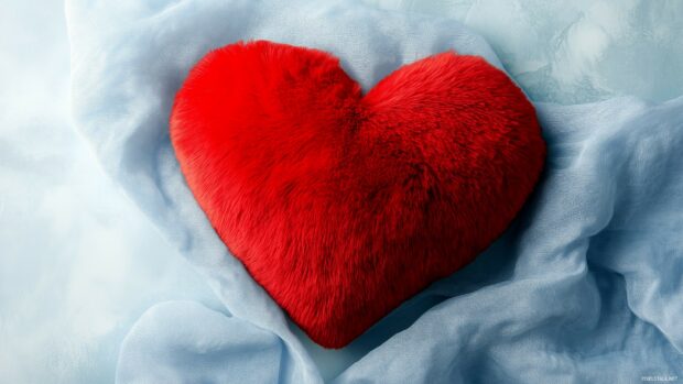 A plush red heart on a soft, pale blue background.