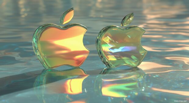 A polished glass 3D Apple Logo, suspended in mid air with colorful light refractions.