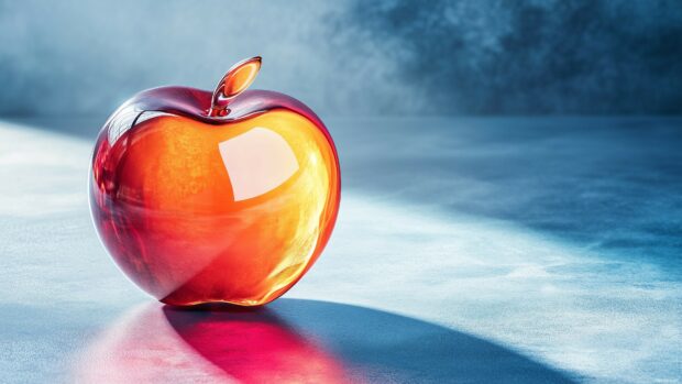 A polished glass 3D Apple Logo, suspended in mid air with colorful light refractions, casting soft shadows and reflections on a sleek surface.