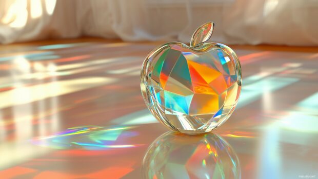 A polished glass 3D Apple Logo, suspended in mid air with colorful light refractions, casting soft shadows and reflections on a sleek surface.