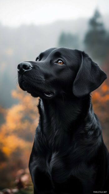 A portrait of a black dog standing proudly in front of a mountain landscape, with dramatic lighting and fog.