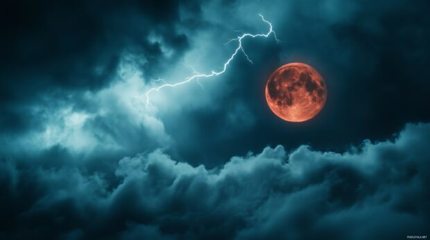 A powerful Blood Moon HD Wallpaper in a stormy night sky.