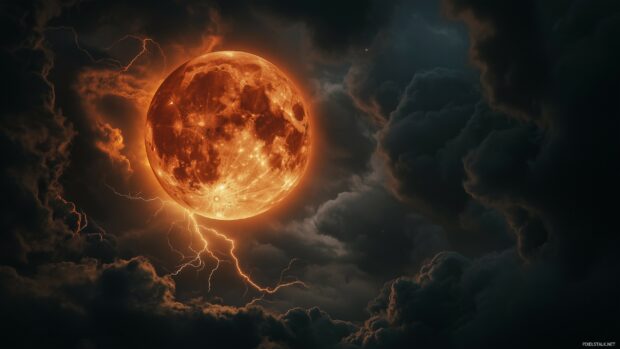 A powerful Blood Moon in a stormy night sky.