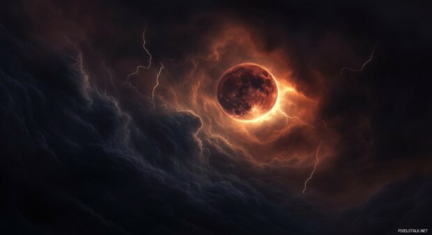 A powerful Blood Moon in a stormy night sky, with dark clouds.