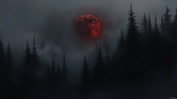 A powerful Blood Moon in a stormy night sky, with dark, swirling clouds.