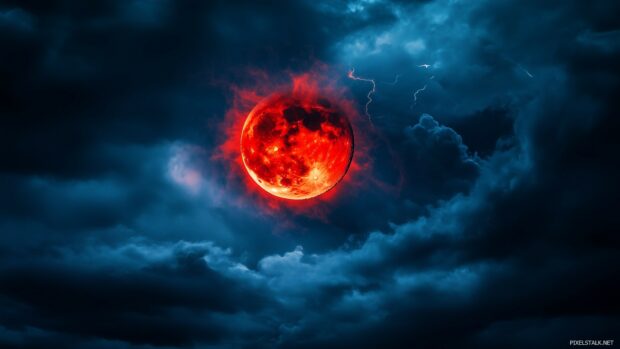 A powerful Blood Moon in a stormy night sky, with dark, swirling clouds and occasional flashes of lightning illuminating the red moon’s dramatic presence.