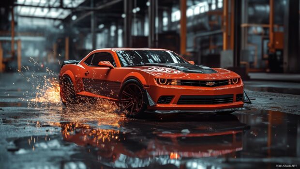 A powerful Chevrolet Camaro drifting through an industrial area, with the car reflection visible in the wet concrete and sparks flying from the exhaust.