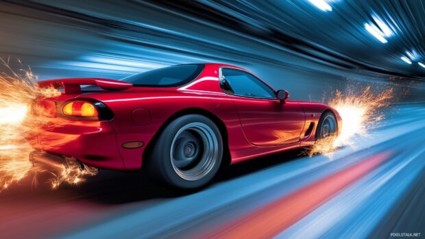 A powerful Mazda RX 7 Drift car wallpaper with its back end sliding out, drifting through a tunnel with sparks flying from the undercarriage.