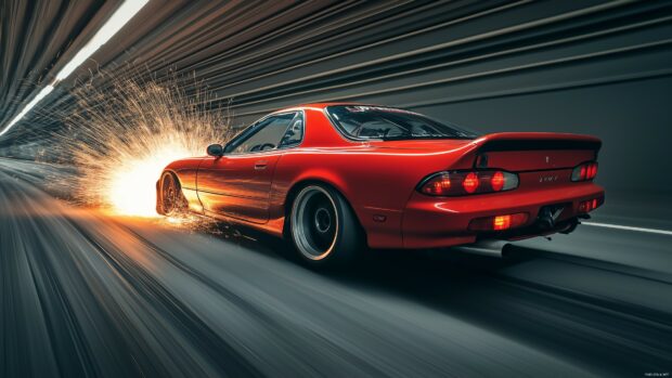 A powerful Mazda RX 7 with its back end sliding out, drifting through a tunnel with sparks flying from the undercarriage.