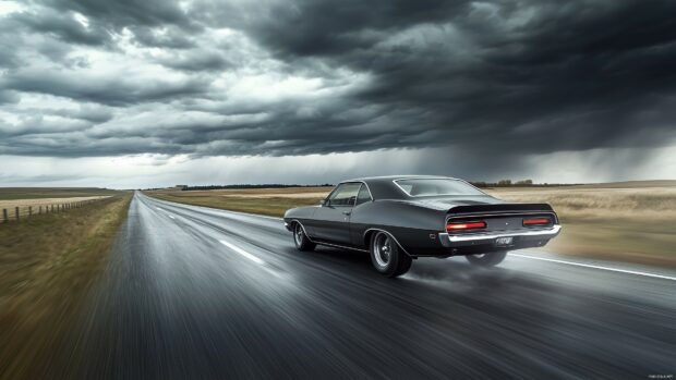 A powerful muscle Live car 4K wallpaper with its engine roaring on a deserted highway under stormy skies.