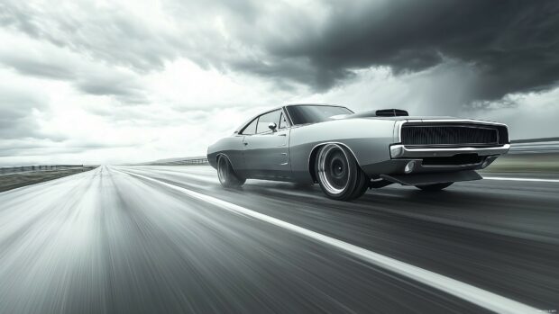 A powerful muscle car 4K wallpaper with its engine roaring on a deserted highway under stormy skies.