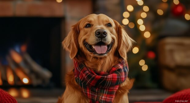 A preppy Christmas Laptop wallpaper with a golden retriever wearing a plaid scarf.