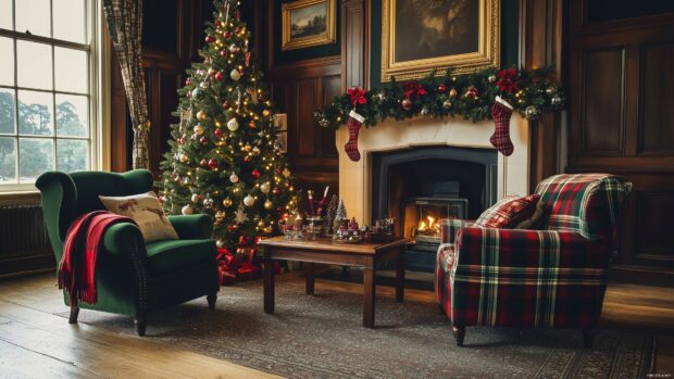 A preppy Christmas living room with tartan blankets and a plaid decorated tree.