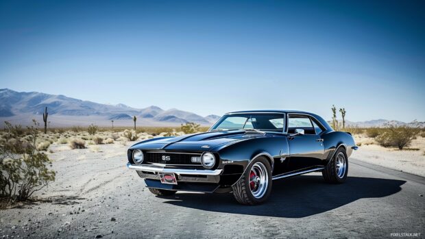 A pristine Camaro SS in a desert landscape, with clear blue skies and distant mountains, Live Car Wallpaper.