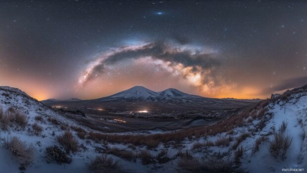 A pristine snowy Mountain range under a clear starry night sky, with the Milky Way shining brightly.