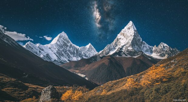 A pristine snowy mountain range under a clear starry night sky, with the Milky Way shining brightly.