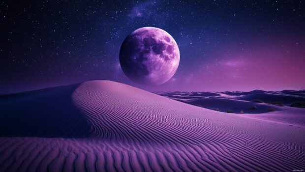 A purple Moon rising over a quiet desert landscape, its glow reflecting off the sand dunes and creating a serene, otherworldly atmosphere beneath a starry sky.