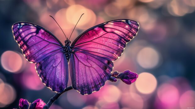 A purple butterfly 4K wallpaper with metallic, iridescent wings fluttering over a field of blooming flowers.