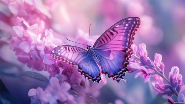 A purple butterfly Full HD wallpaper with shimmering wings landing on a pastel colored flower.