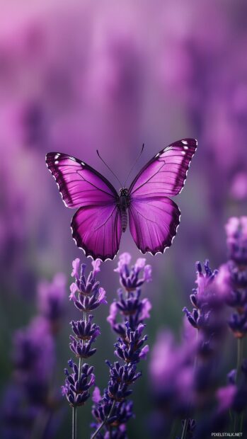 A purple butterfly fluttering gracefully over a field of lavender.