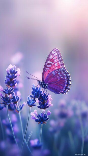 A purple butterfly fluttering gracefully over a field of lavender, with its wings displaying rich hues and fine details captured in high quality against a softly blurred background.