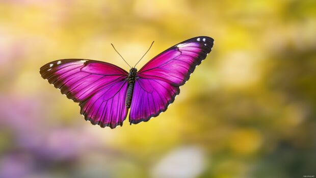 A purple butterfly in mid flight against a softly blurred garden background, with its delicate wings showcased in sharp.