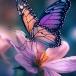 A purple butterfly phone wallpaper with intricate wing patterns gently landing on a pastel colored flower.