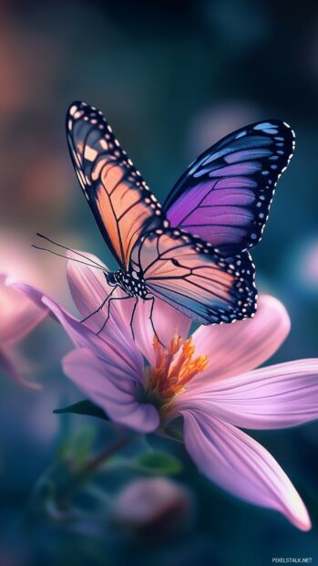 A purple butterfly phone wallpaper with intricate wing patterns gently landing on a pastel colored flower.