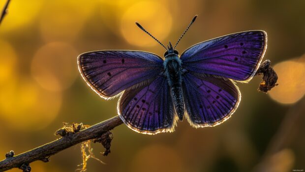 A purple butterfly resting on a sunlit branch.