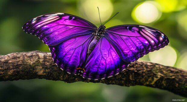 A purple butterfly resting on a sunlit branch, with its wings displaying rich, vibrant shades and detailed patterns.