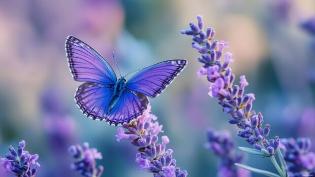 A purple butterfly wallpaper 4K with shimmering wings landing on a pastel colored flower.