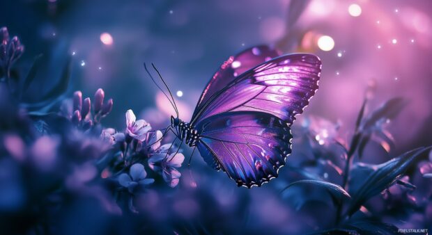 A purple butterfly wallpaper HD with metallic, iridescent wings fluttering over a field of blooming flowers.