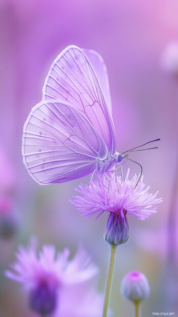 A purple butterfly wallpaper with intricate wing patterns gently landing on a pastel colored flower.