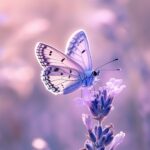 A purple butterfly with intricate wing patterns gently landing on a pastel colored flower, with natural light enhancing its vibrant colors and delicate details.