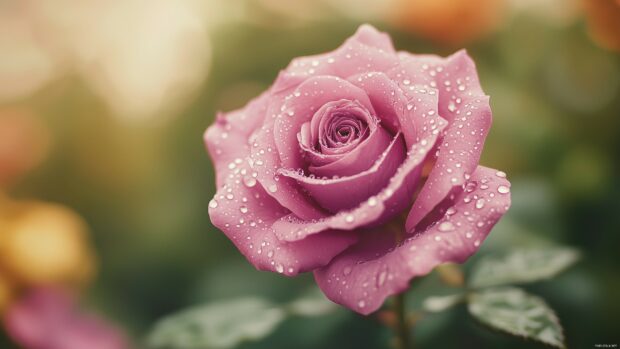 A purple love rose with dew drops glistening on its petals, set against a soft focus background of muted greens.