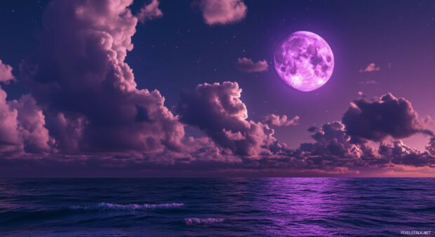 A purple moon glowing in a cloudy night sky, with beams of light piercing through the clouds and illuminating a vast ocean below.